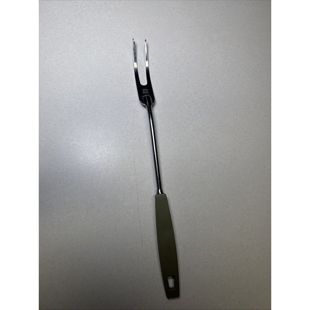 Vintage Ekco USA 2 Prong Meat Fork Stainless Steel Green Handle 12”